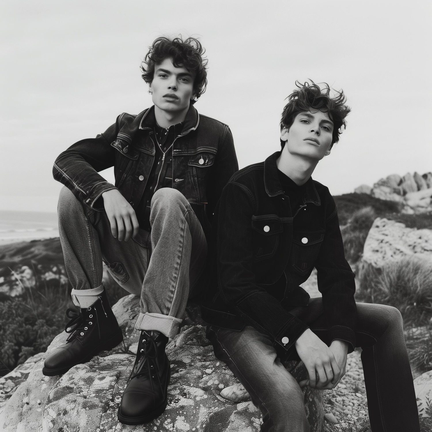 Two individuals sitting on rocks with a scenic background